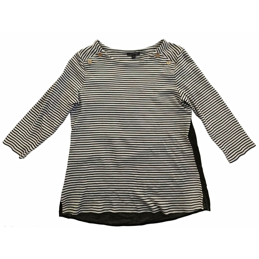 Tommy Hilfiger Women's Black/White Striped 3/4 Sleeve Round Neck Top M
